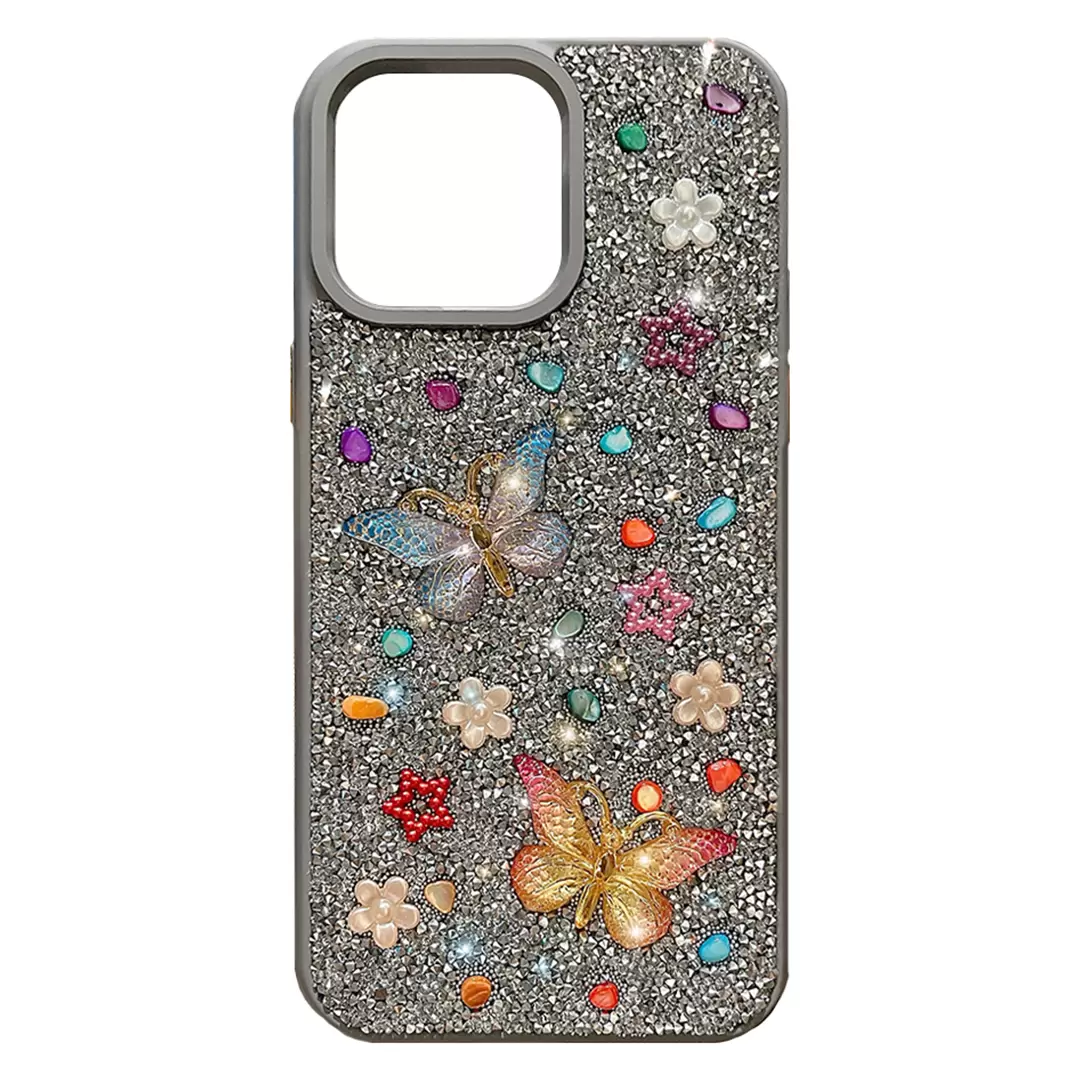 iPhone 13 Pro Max Butterfly and Diamond Bling Case Light Gray